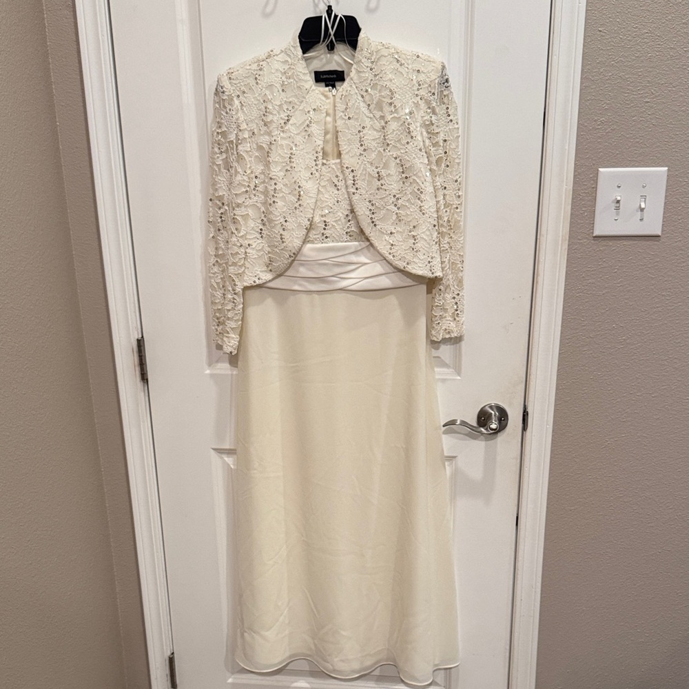 R&M Richards Ivory Maxi Dress with Lace Overlay